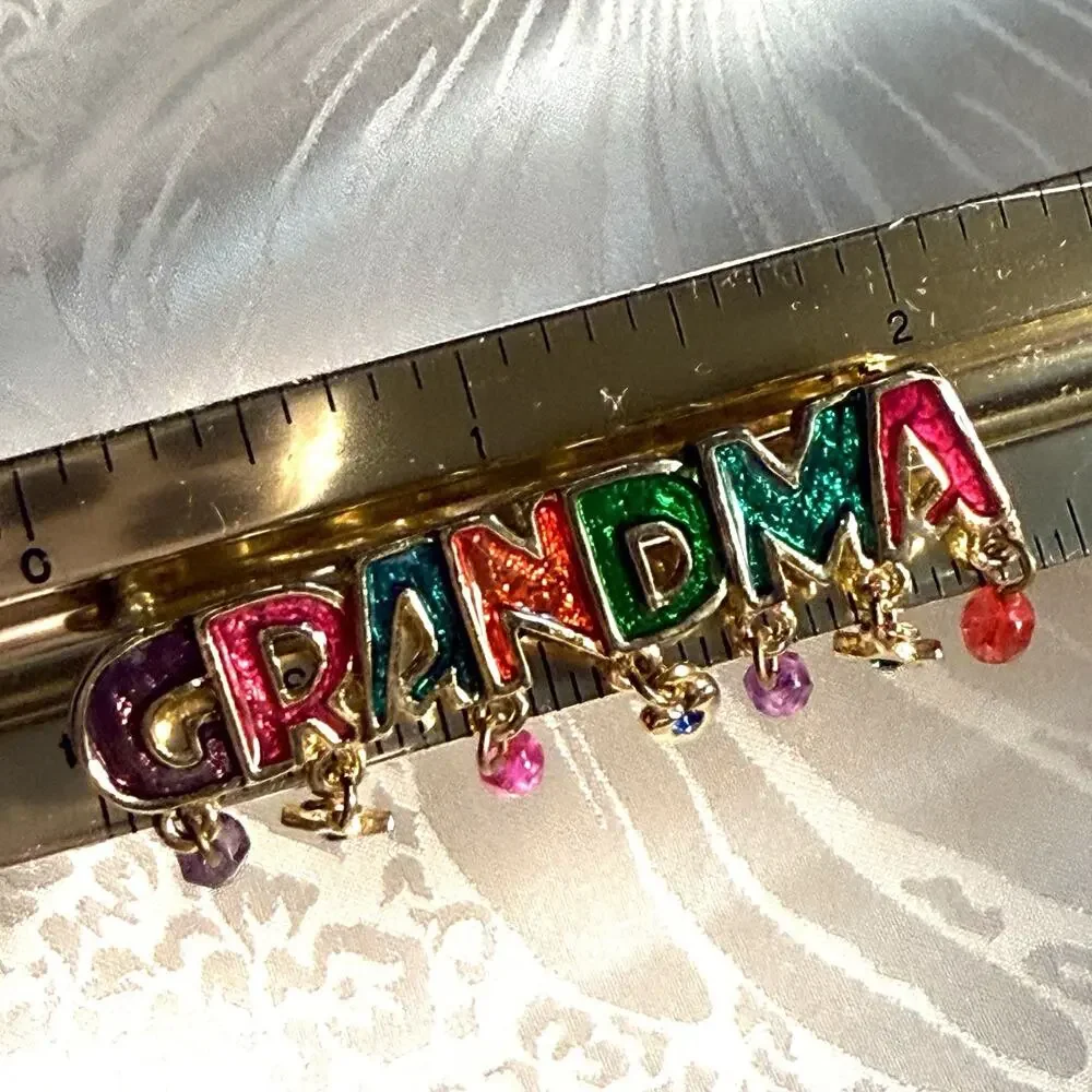 Vintage Gold Tone Enamel Grandma Brooch Star Charms Dangle Beads 2 Inches